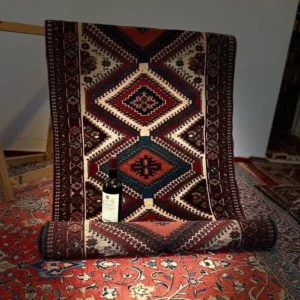Authentic hand-knotted Yalameh Persian rug runner with diamond medallions, 197x83 cm, wool pile. persian carpet